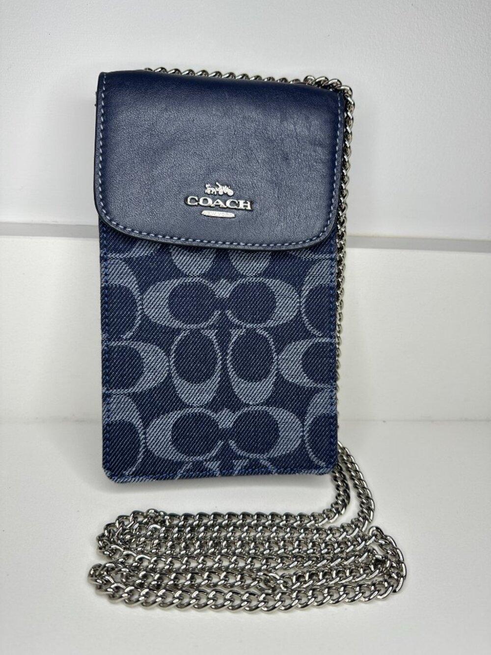 COACH Signature Denim Phone Crossbody Pouch Chain Strap Black - Picture 3 of 15